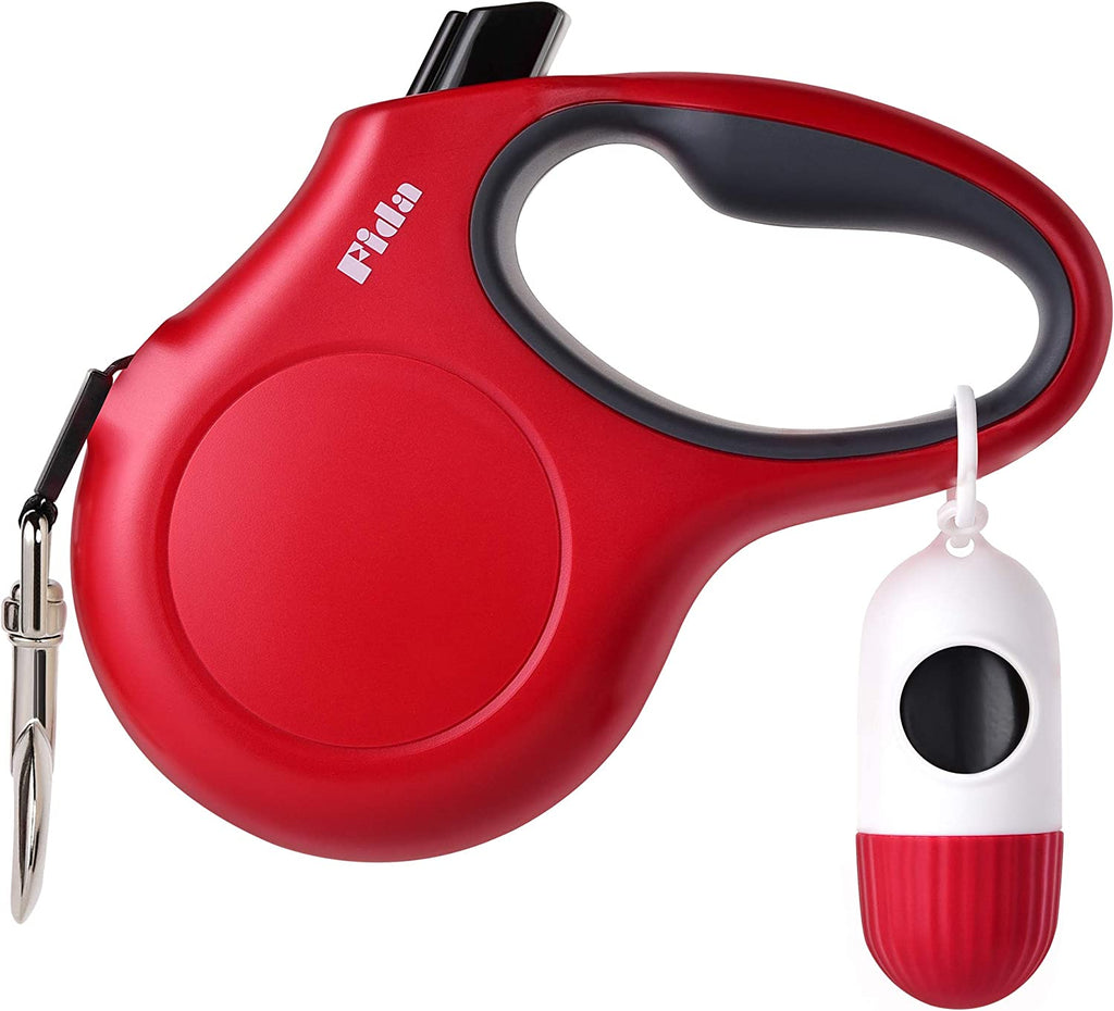 Ultimate Retractable Dog Leash with Poop Bag Dispenser - 16 Ft Tangle-Free Walking Leash for Medium Dogs & Cats (up to 44 lbs) - Anti-Slip Handle & Reflective Nylon Tape (Red)