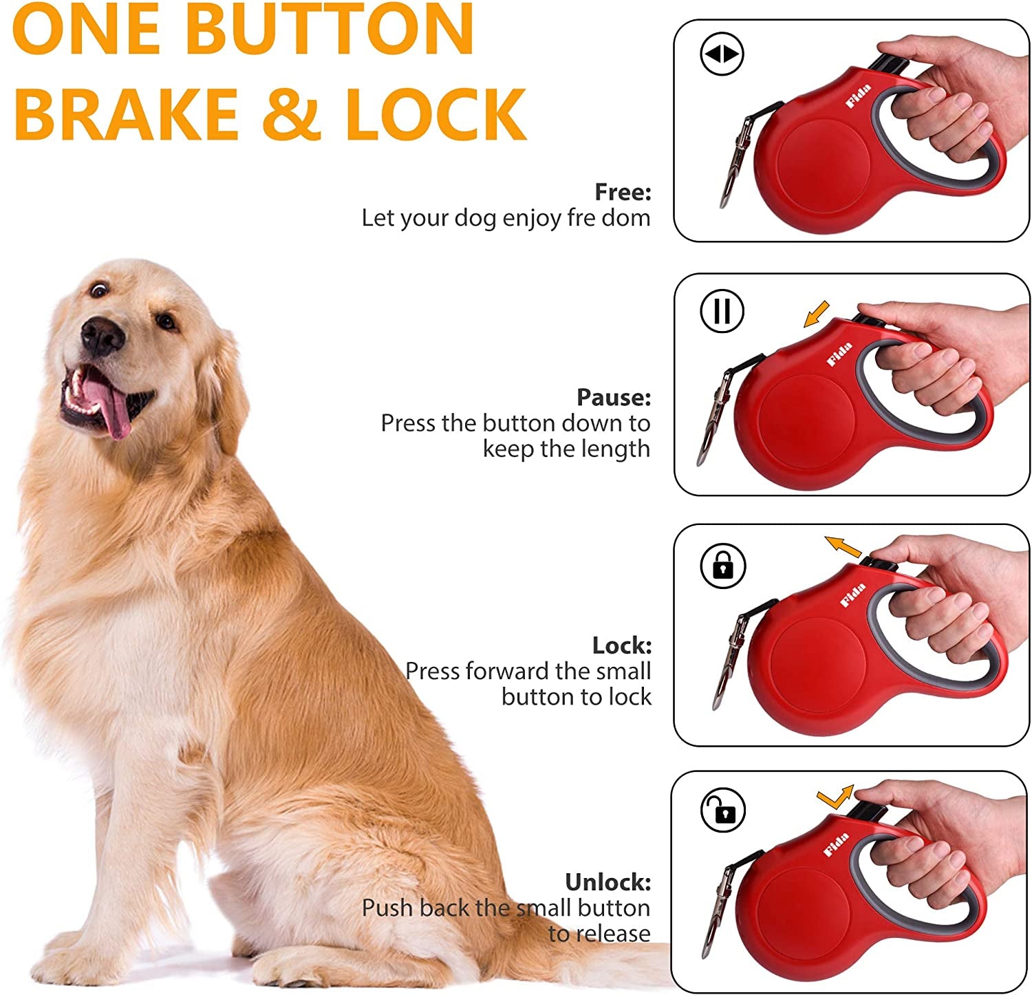 Ultimate Retractable Dog Leash with Poop Bag Dispenser - 16 Ft Tangle-Free Walking Leash for Medium Dogs & Cats (up to 44 lbs) - Anti-Slip Handle & Reflective Nylon Tape (Red)