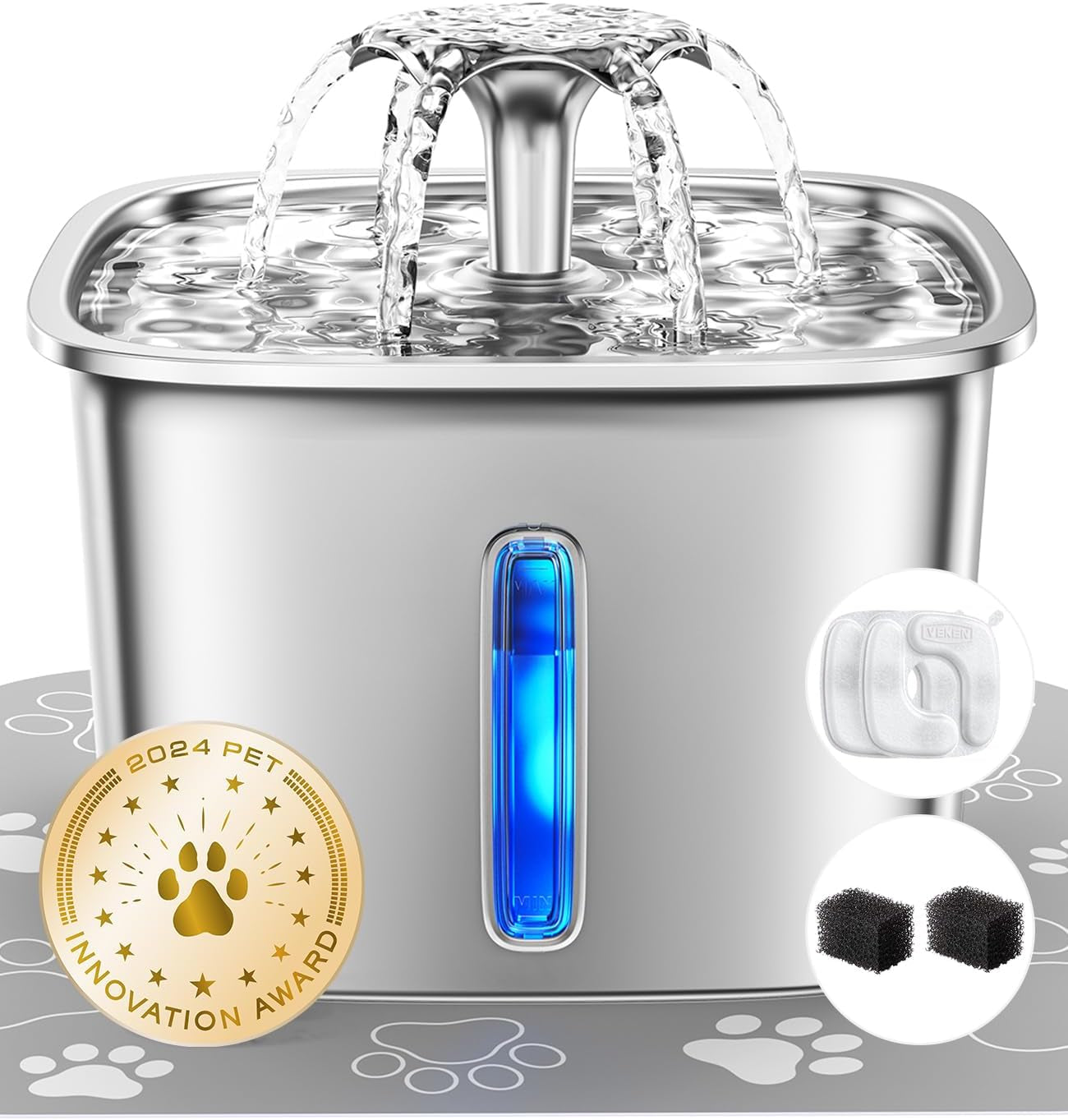 Innovation Award Winner Stainless Steel Cat Water Fountain, 95Oz/2.8L Automatic Pet Fountain Dog Water Dispenser with Replacement Filters & Silicone Mat, Gifts for Cats, Dogs (Silver)