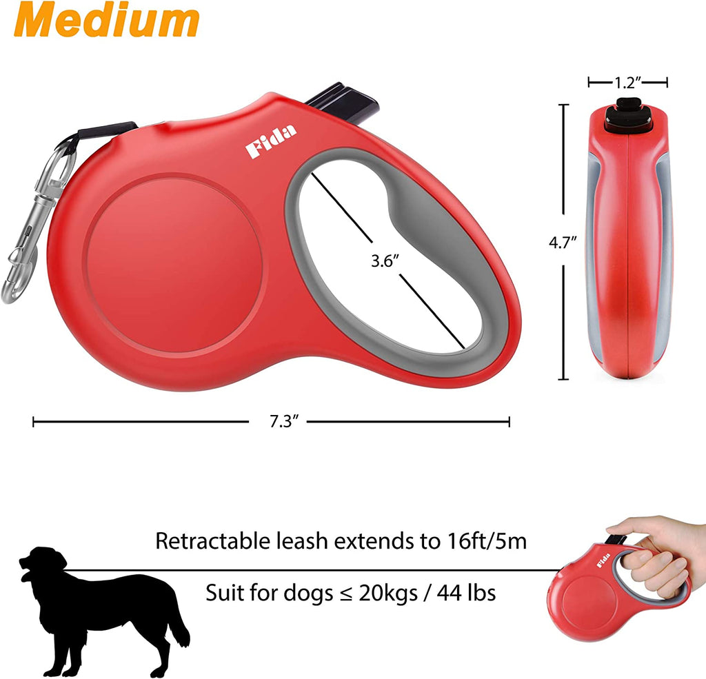 Ultimate Retractable Dog Leash with Poop Bag Dispenser - 16 Ft Tangle-Free Walking Leash for Medium Dogs & Cats (up to 44 lbs) - Anti-Slip Handle & Reflective Nylon Tape (Red)