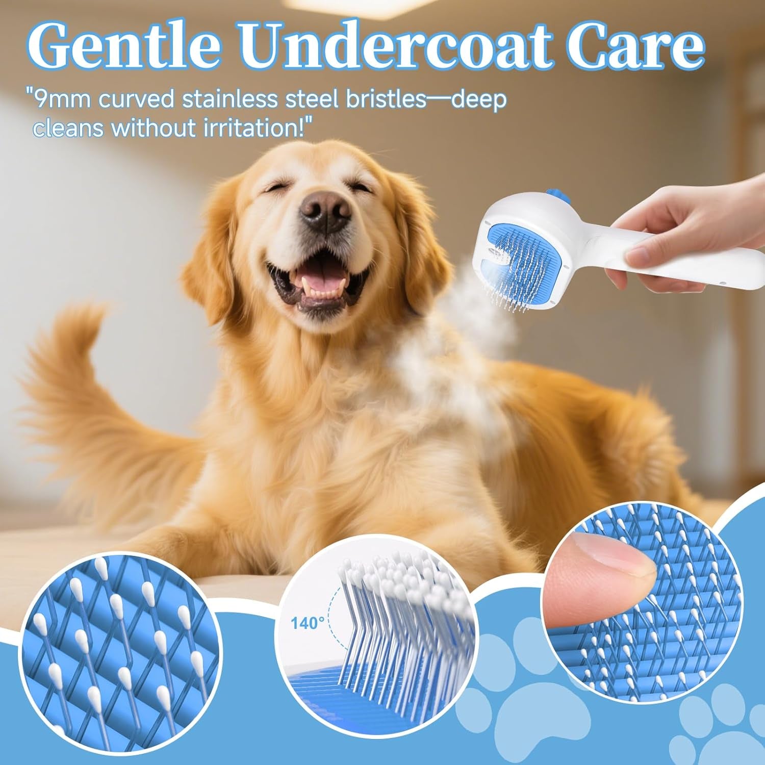 Pet Steam Brush for Dog & Cat - 3-In-1 Steam Grooming Brush for Shedding & Hair Removal - Self Cleaning Spray Comb with Mist for Long Haired Pets - Includes 1*Waterless Shampoo, Blue.